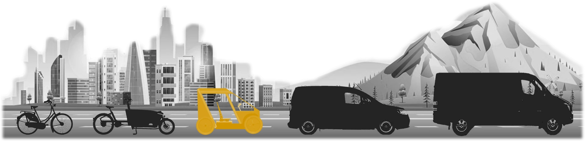 Bannière de bas de page comparaison entre vélo, vélo cargo, véhicule e-roe et utilitaires thermiques